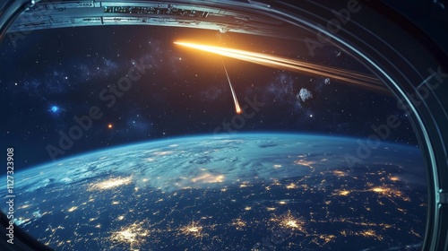 Fototapeta Naklejka Na Ścianę i Meble -  Spaceship view on Earth at night from alien planet with craters, neon space background with falling meteor in dark starry sky, fantasy landscape through shuttle window. Cartoon vector illustration