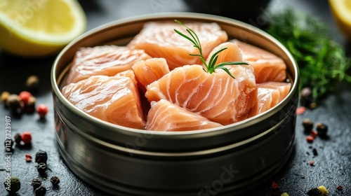 Fresh canned albacore tuna fillets in water with lemon and herbs on dark background garnished with pepper and greens