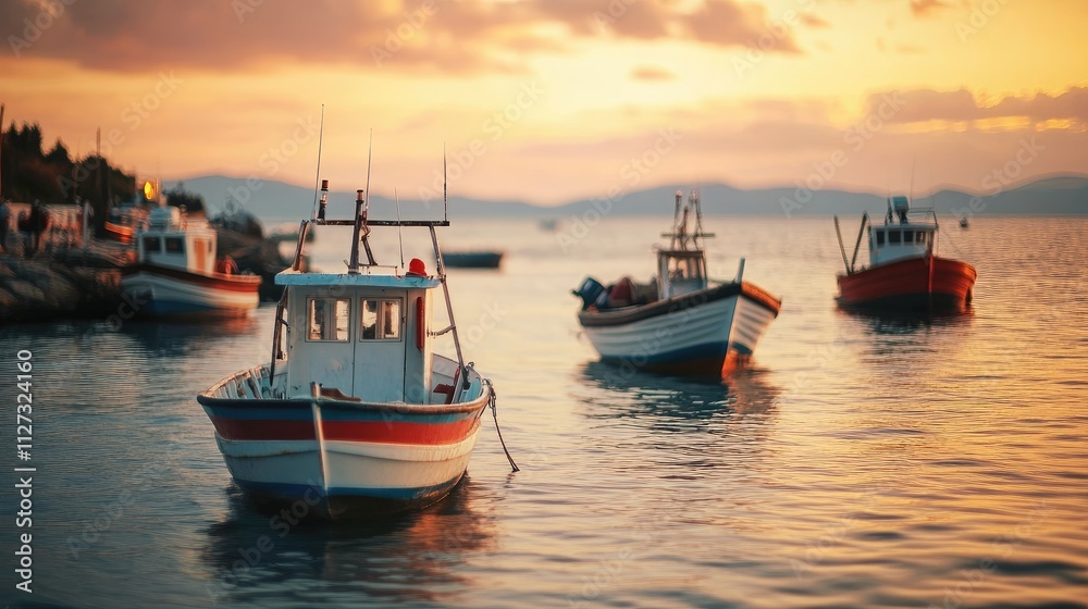Fishing boats on calm sea at sunset with selective focus creating a serene and picturesque evening atmosphere Fishing boats on calm sea at sunset with selective focus creating a serene and picturesque evening atmosphere