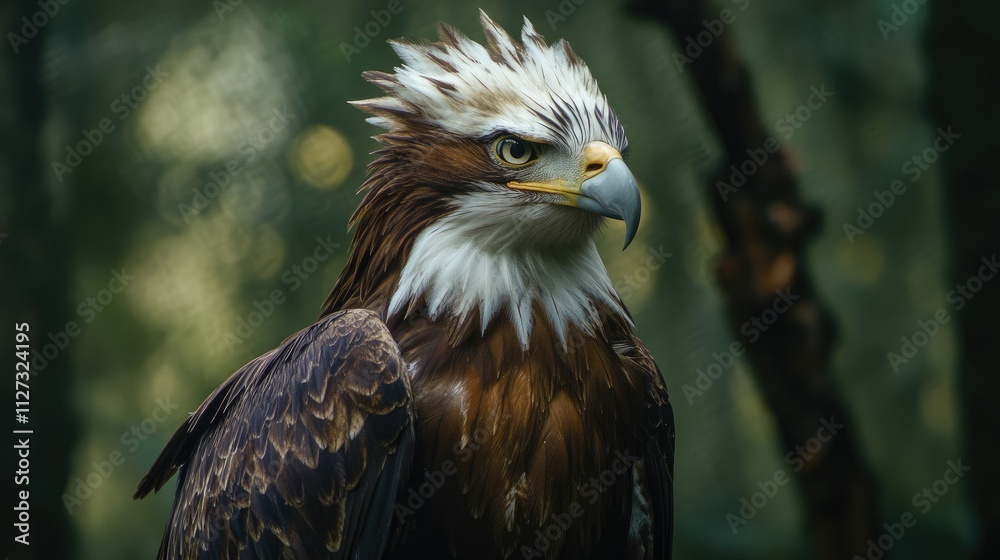 Fototapeta premium Majestic eagle with distinctive white tail feathers perched in a serene forest setting showcasing its powerful presence and sharp gaze.