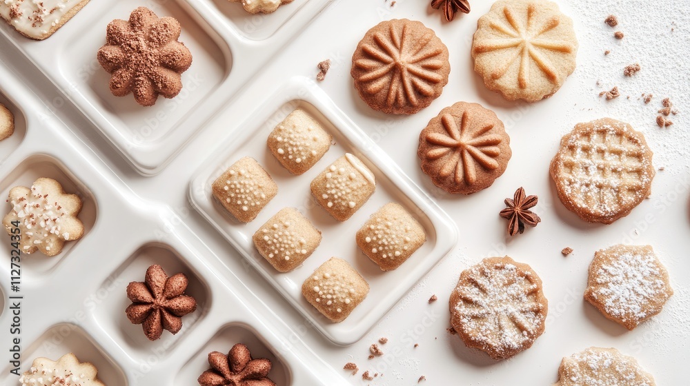 Cookie molds and assorted baked cookies arranged on a white background displaying various shapes and textures of homemade treats Cookie molds and assorted baked cookies arranged on a white background displaying various shapes and textures of homemade treats