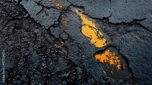 Colorful gasoline fuel stain on cracked black asphalt surface showcasing industrial and environmental themes photo