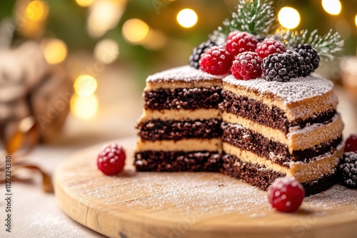 Festive layered cake with berries and holiday lights photo