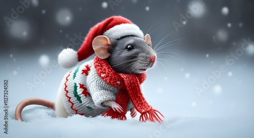 Christmas Mouse in Santa Hat and Festive Sweater with Snowy Background photo