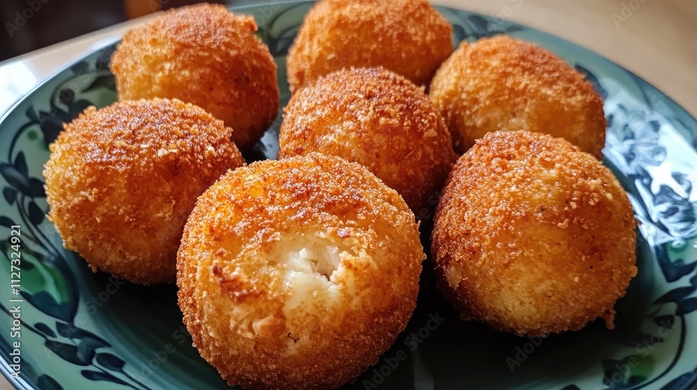 Golden chicken and potato croquettes arranged on a decorative plate showcasing their crispy texture and appetizing appearance