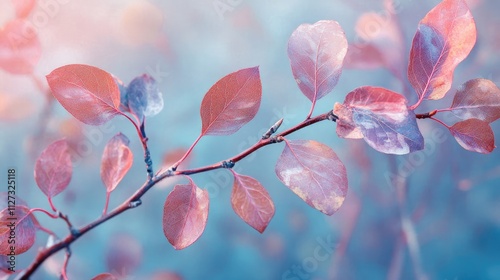 Delicate spring buds on branches with soft pastel leaves against a dreamy blurred background showcasing nature's awakening beauty. photo