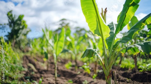 Lush banana garden featuring vibrant green banana leaves under a bright sky in a tropical setting. photo