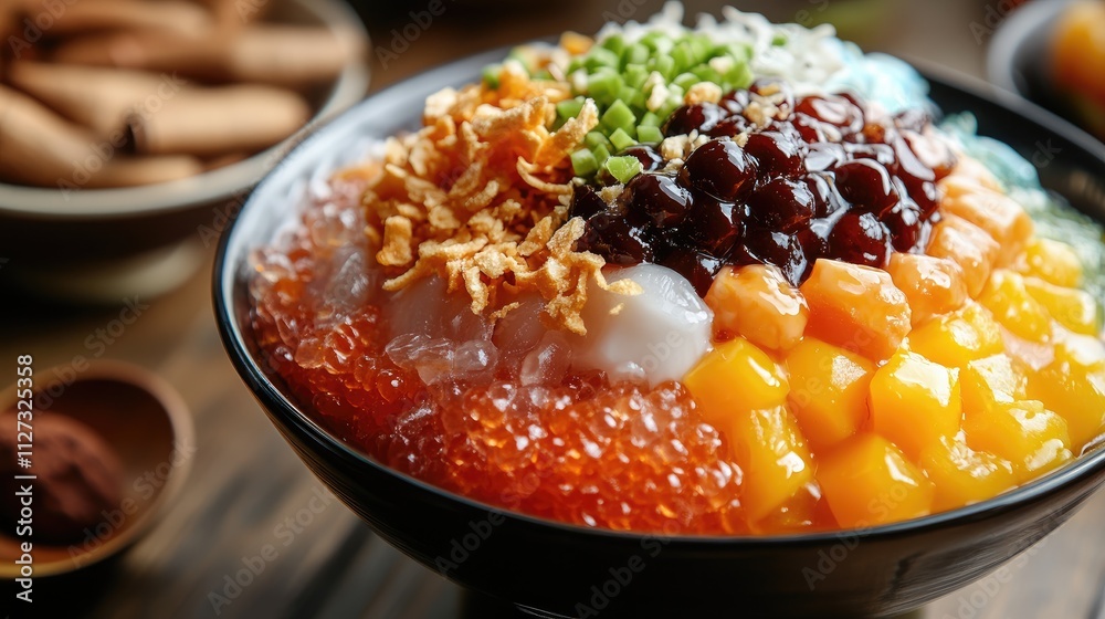 Ais Kacang colorful dessert featuring shaved ice with fruits and toppings popular in Malaysia and Singapore served in a bowl Ais Kacang colorful dessert featuring shaved ice with fruits and toppings popular in Malaysia and Singapore served in a bowl