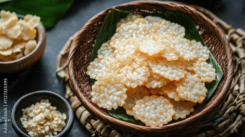 Authentic Thai crispy rice crackers served in a woven basket with ingredients on a dark background Authentic Thai crispy rice crackers served in a woven basket with ingredients on a dark background