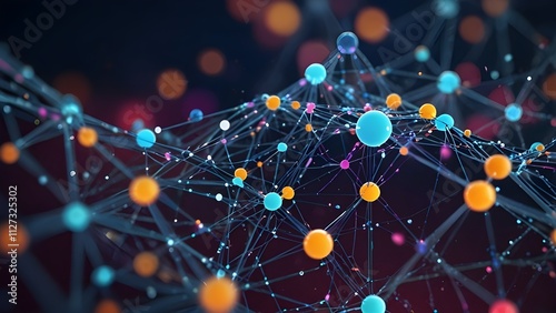 Neural network 3D illustration, big data and cybersecurity, data stream, global database and artificial intelligence, bright, colorful background with bokeh effect 

