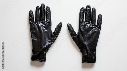 Black Disposable Gloves Spread Apart on a Plain White Background for Medical or Cleaning Purposes