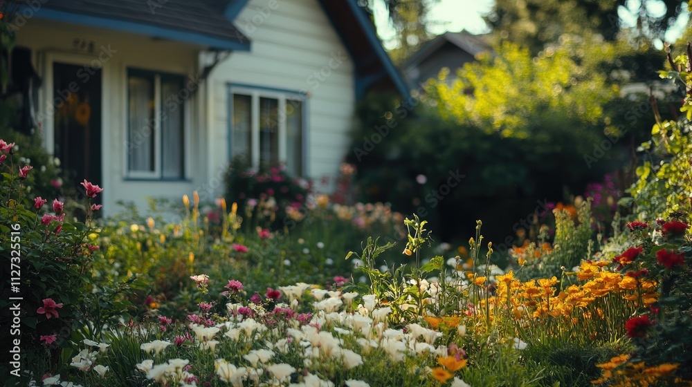 Naklejka premium Colorful flower garden blooming in front of a charming house surrounded by lush greenery and sunlight illuminating the vibrant petals