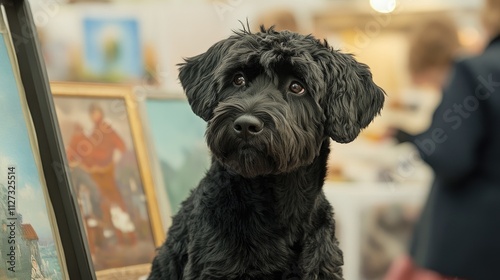 Black Russian Terrier puppy at art exhibition displaying curiosity and charm amidst artistic surroundings photo