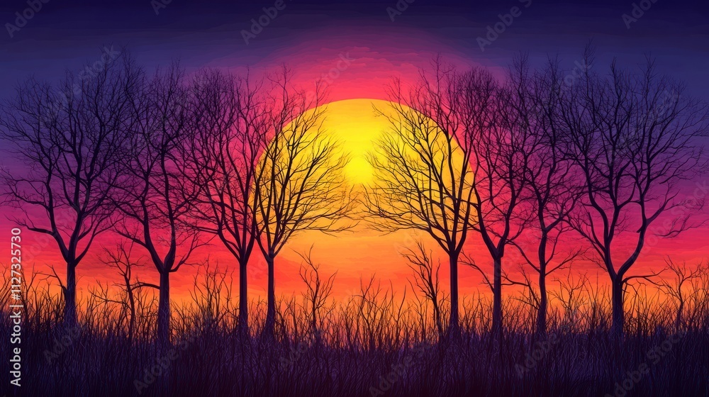 Sunset Silhouette: Bare Trees and Vibrant Sky Sunset Silhouette: Bare Trees and Vibrant Sky