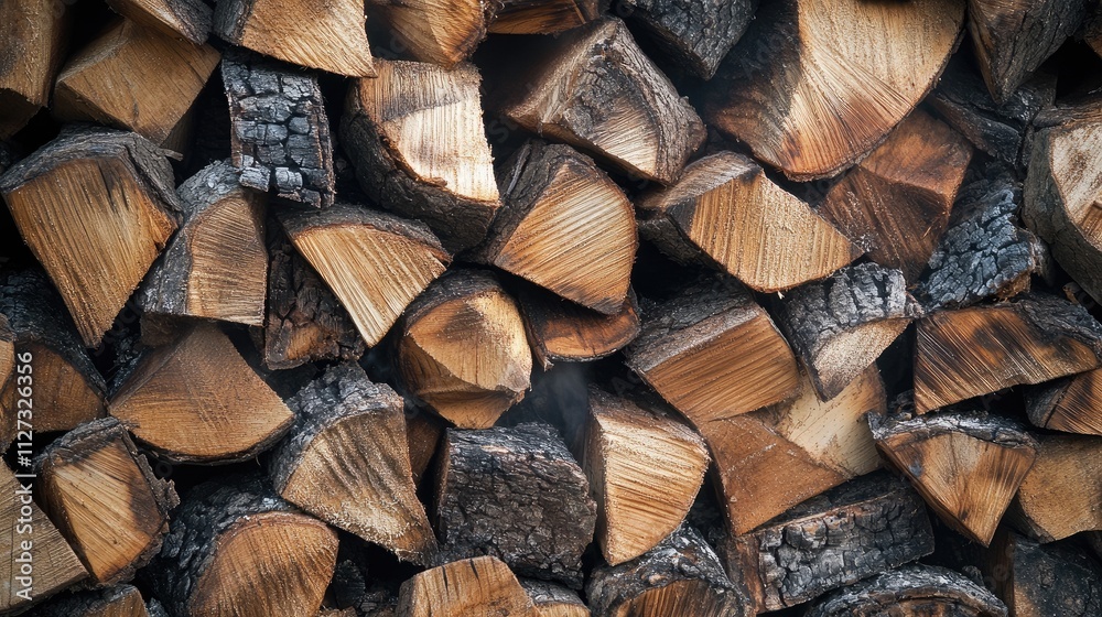 Fototapeta premium Wood pile stacked neatly showcasing natural textures, highlighting environmental concerns related to burning wood and its impact on air quality.