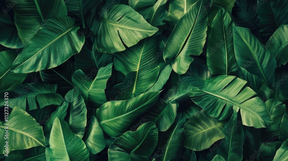 Obraz premium Lush green tropical leaves in a dense foliage background showcasing rich textures and vibrant shades of green for nature-themed designs.