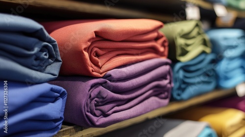 Colorful rolls of folded fabric stacked neatly on a wooden shelf in a retail store showcasing textile variety for sale. photo