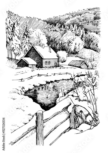 Winter landscape. Countryside landscape panorama. Line sketch converted to vector drawing.
