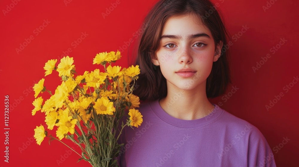 Teen girl holding a yellow flower bouquet wearing a purple t-shirt with a vibrant red background capturing youthful beauty and freshness. Teen girl holding a yellow flower bouquet wearing a purple t-shirt with a vibrant red background capturing youthful beauty and freshness.