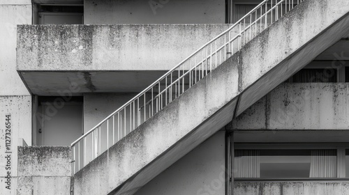 Modern building staircase and railing details showcasing minimalist architecture and concrete textures in a black and white aesthetic photo