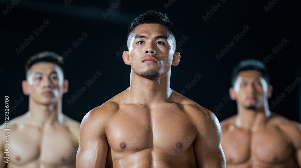Determined Athlete Posing with Teammates in Fitness Studio. Determined Athlete Posing with Teammates in Fitness Studio.