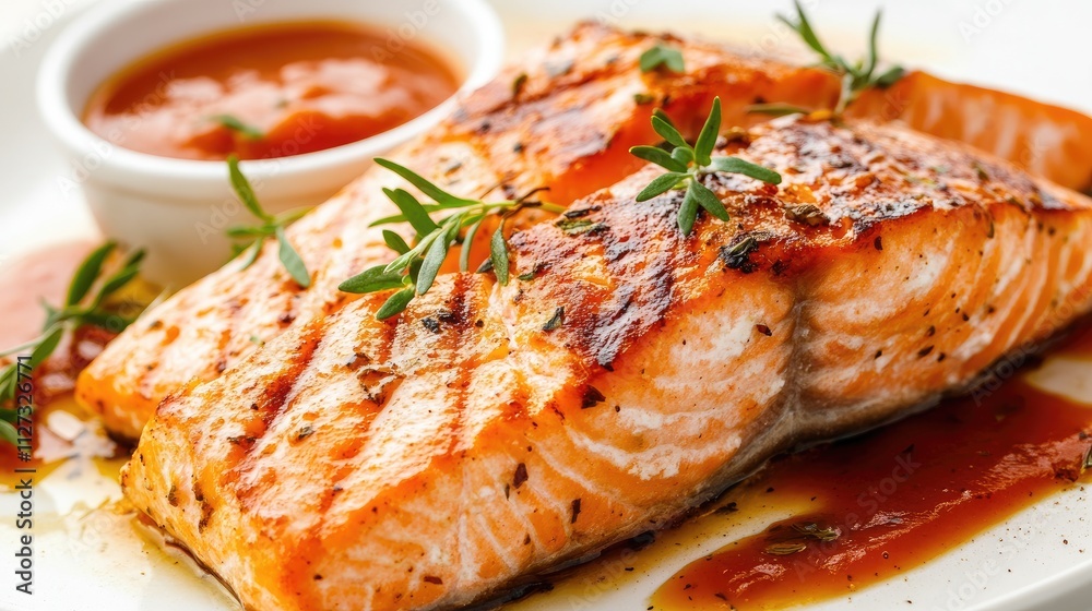 Grilled salmon steak served with rich sauce and fresh herbs on a white plate gourmet seafood presentation Grilled salmon steak served with rich sauce and fresh herbs on a white plate gourmet seafood presentation