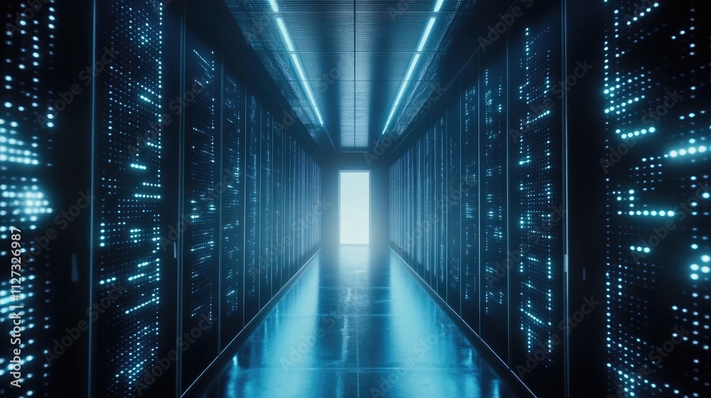 Fototapeta premium Data center corridor showcasing modern cloud technology and secure data storage with illuminated servers for advanced networking solutions