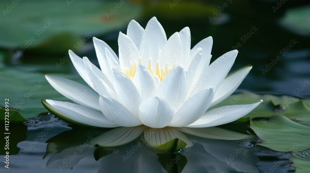White lotus flower blooming on calm water surface surrounded by lush green lily pads in tranquil aquatic setting