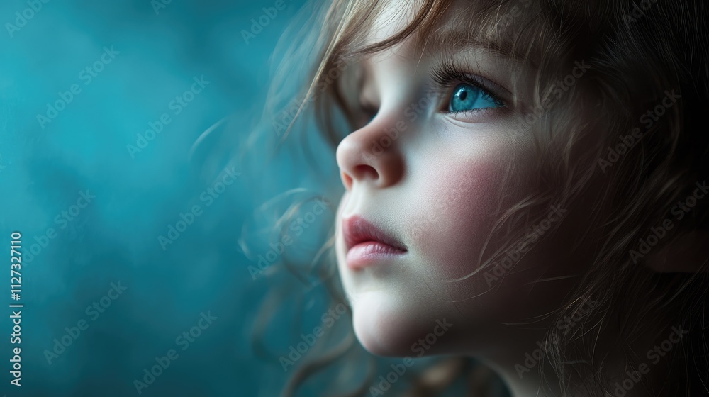 Child with Curly Hair Gazing Thoughtfully with Blue Background in Soft Light Child with Curly Hair Gazing Thoughtfully with Blue Background in Soft Light