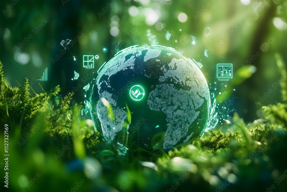 A globe with floating green technology icons; a symbol of sustainability and eco-friendly innovations. A globe with floating green technology icons; a symbol of sustainability and eco-friendly innovations.