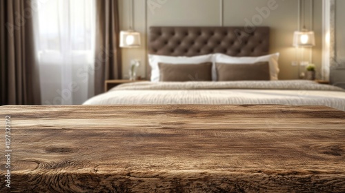 Wallpaper Mural Rustic wooden table in focus with a softly blurred elegant bedroom in the background ideal for product display and home decor montages Torontodigital.ca