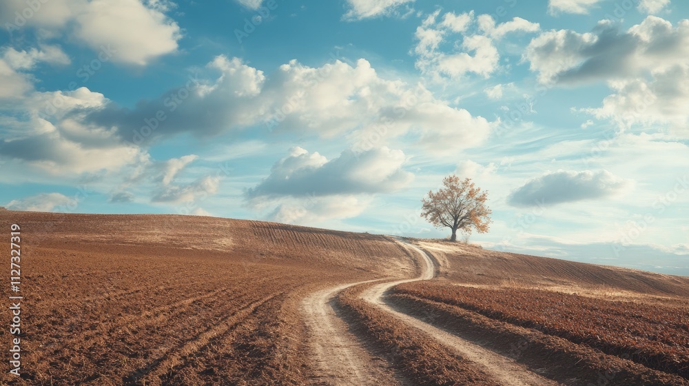 Fototapeta premium Tuscany landscape featuring a country road, plowed fields, and a solitary tree under a blue sky with clouds during autumn in Italy.