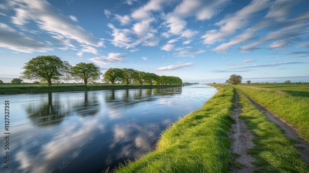Obraz premium Serene lake reflections a grassy trail surrounded by lush trees and calm waters