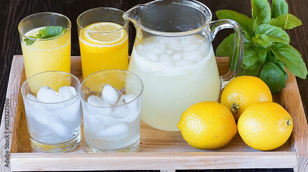 Refreshing Lemonade and Citrus Drinks on a Wooden Tray Display Refreshing Lemonade and Citrus Drinks on a Wooden Tray Display