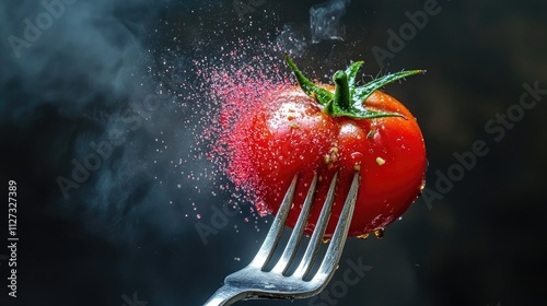 Vibrant tomato on fork surrounded by dissolving colors illustrating artistic nutrition and food science action photography photo