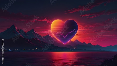 Heart shape sunset, Retro wave sunset, Valentine's day, style of synth wave artwork, background
