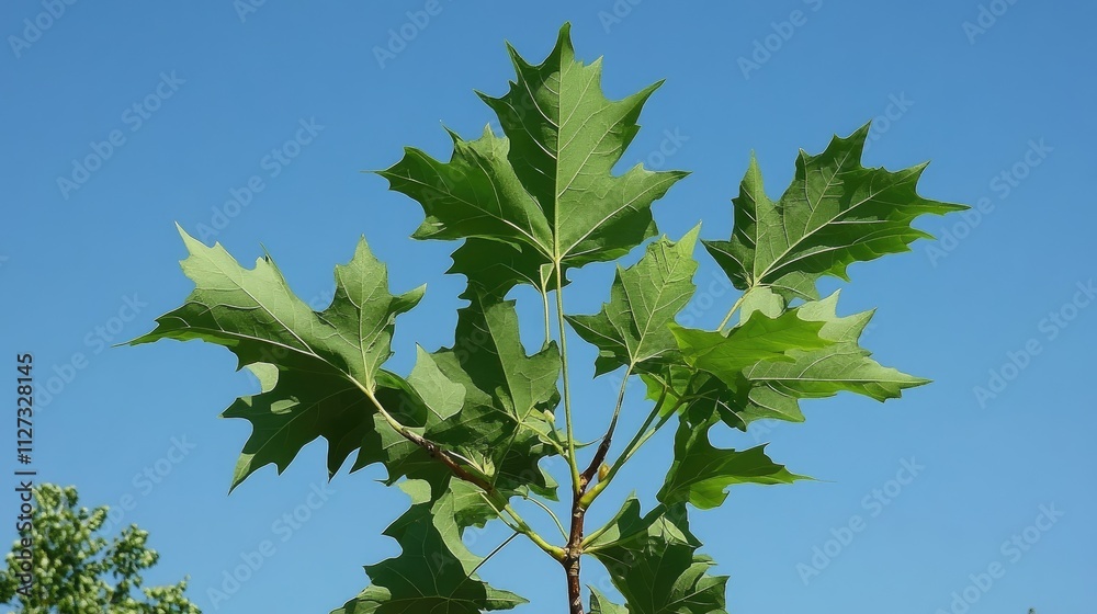 Vibrant green maple leaves against a bright clear blue sky showcasing nature's beauty and tranquility in a sunny outdoor setting Vibrant green maple leaves against a bright clear blue sky showcasing nature's beauty and tranquility in a sunny outdoor setting