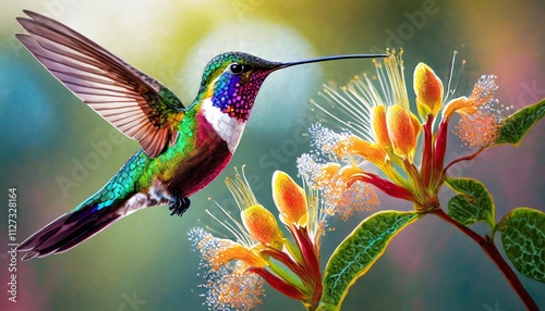 Impresionante ilustracin hiperrealista y fotogrfica de un colibr colorido en alta definicin, capturando cada detalle vibrante y su belleza natural en un entorno cautivador. photo