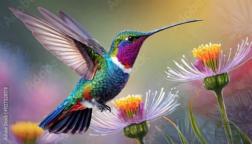 Impresionante ilustracin hiperrealista de un colibr colorido en alta definicin, capturando cada detalle vibrante de sus plumas y la belleza natural de su entorno en una obra maestra visual. photo