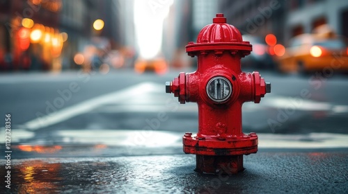 Red fire hydrant on urban street symbolizing safety and emergency preparedness with blurred city lights in the background.