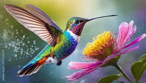 Impresionante ilustracin realista y fotogrfica de un colibr colorido, capturando cada detalle vibrante y la belleza de esta ave extica en alta definicin, perfecta para los amantes de la naturaleza. photo