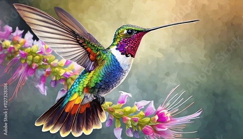 Impresionante ilustracin realista y hiperrealista de un colibr colorido, capturando cada detalle en alta definicin, mostrando su belleza natural y vibrantes plumajes en un entorno cautivador. photo