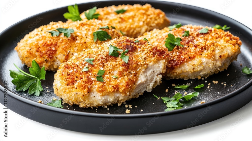 Golden fried chicken pieces coated in breadcrumbs garnished with fresh parsley on a sleek black plate isolated on a clean white background Golden fried chicken pieces coated in breadcrumbs garnished with fresh parsley on a sleek black plate isolated on a clean white background