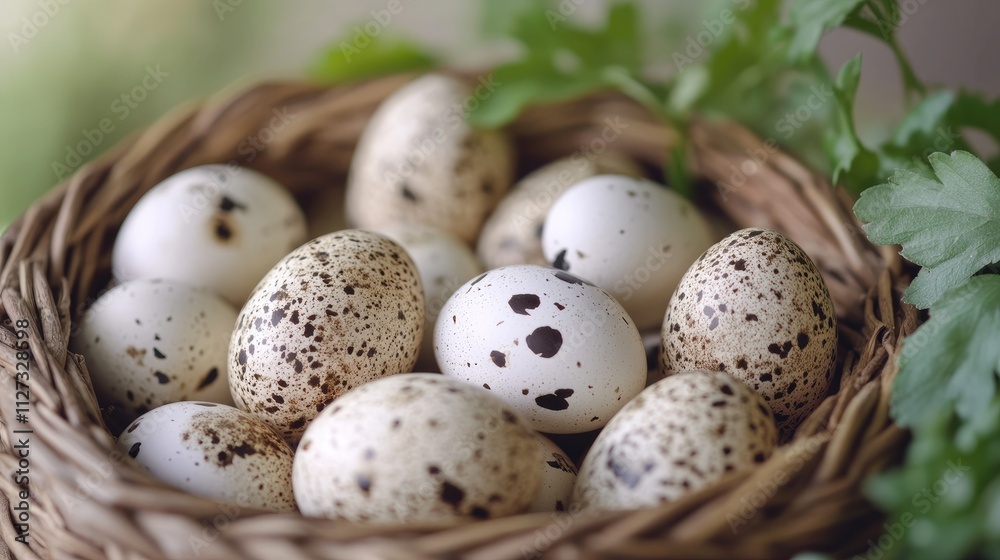 Organic speckled duck eggs arranged in a woven basket surrounded by fresh greens on a soft background Organic speckled duck eggs arranged in a woven basket surrounded by fresh greens on a soft background