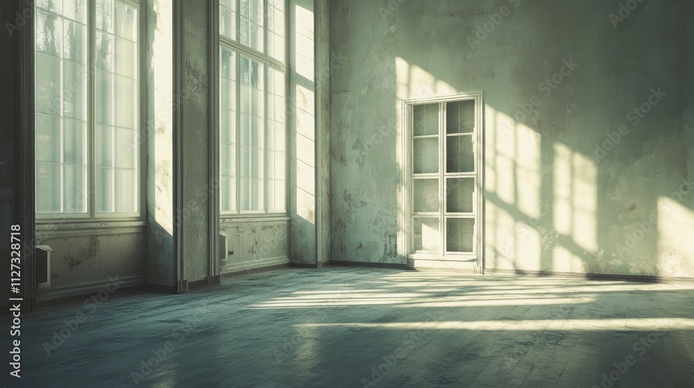 Bright and airy empty room with large windows casting shadows on the floor showcasing digital room thermostat on the wall Bright and airy empty room with large windows casting shadows on the floor showcasing digital room thermostat on the wall