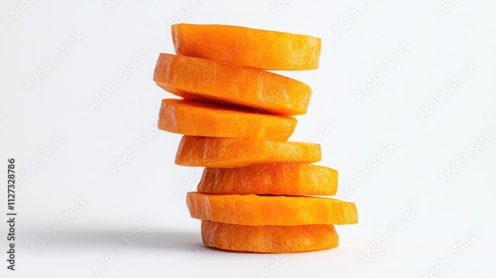 Fresh orange carrot slices arranged in a stacked formation isolated against a clean white background for a vibrant food presentation. Fresh orange carrot slices arranged in a stacked formation isolated against a clean white background for a vibrant food presentation.
