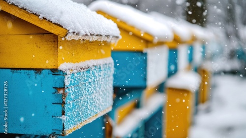 Colorful beehives in winter scenery covered in snow highlighting frost and vibrant colors showcasing an apiary in a cold environment