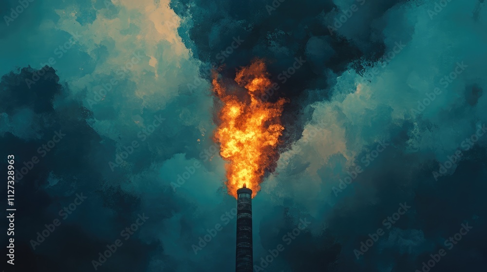 Fototapeta premium Flames Erupting from Industrial Smoke Stack Against Dark Cloudy Sky