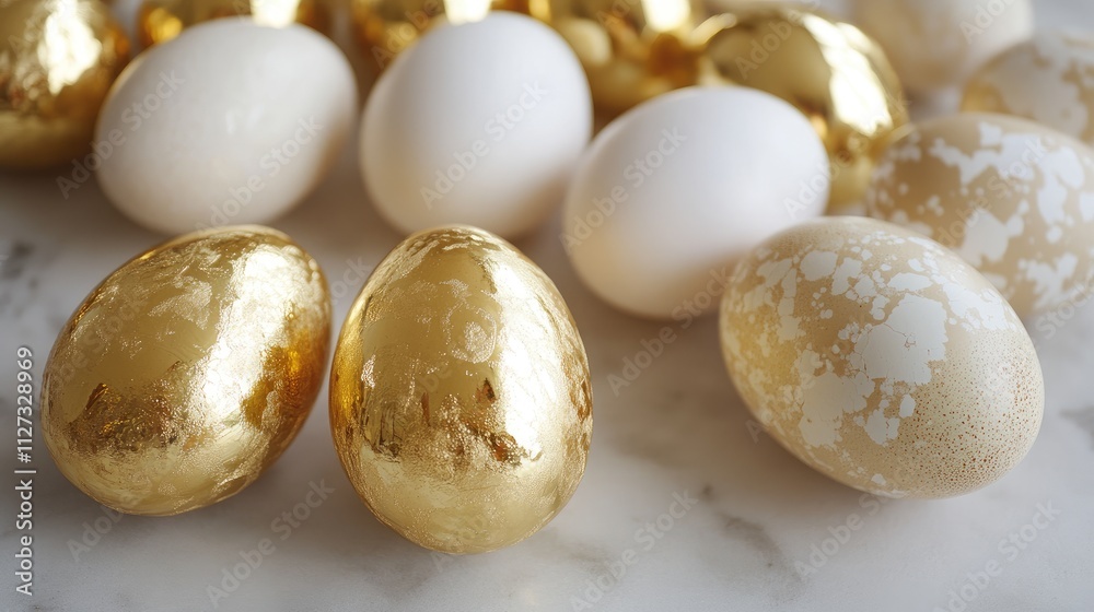 Golden egg and white eggs arranged on a clean surface highlighting luxury and contrast in a culinary or decorative concept Golden egg and white eggs arranged on a clean surface highlighting luxury and contrast in a culinary or decorative concept
