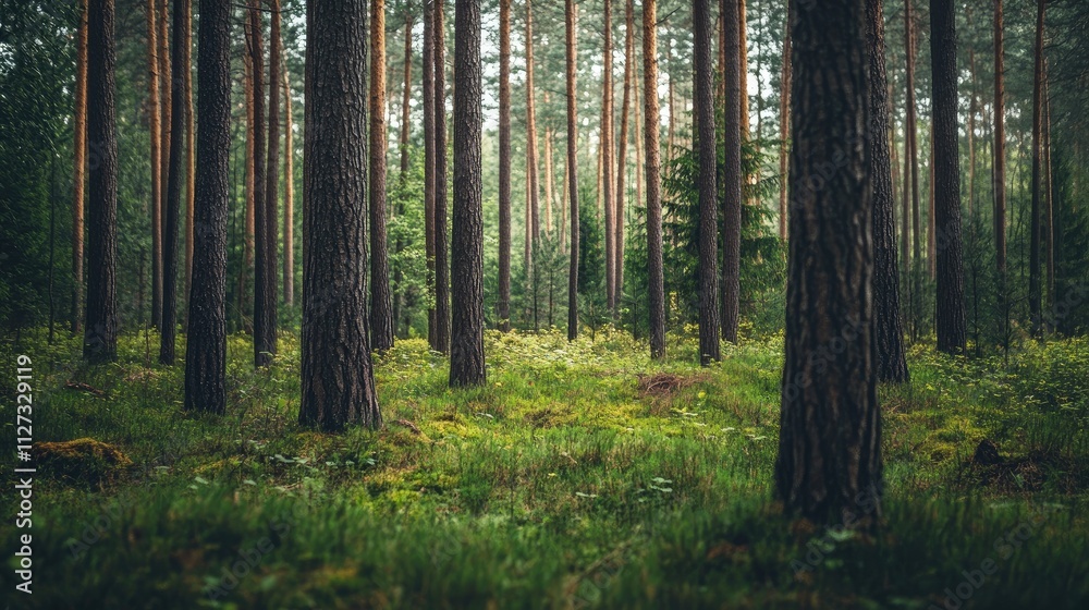 Serene Forest Landscape with Tall Trees and Lush Green Underbrush in Natural Light Serene Forest Landscape with Tall Trees and Lush Green Underbrush in Natural Light